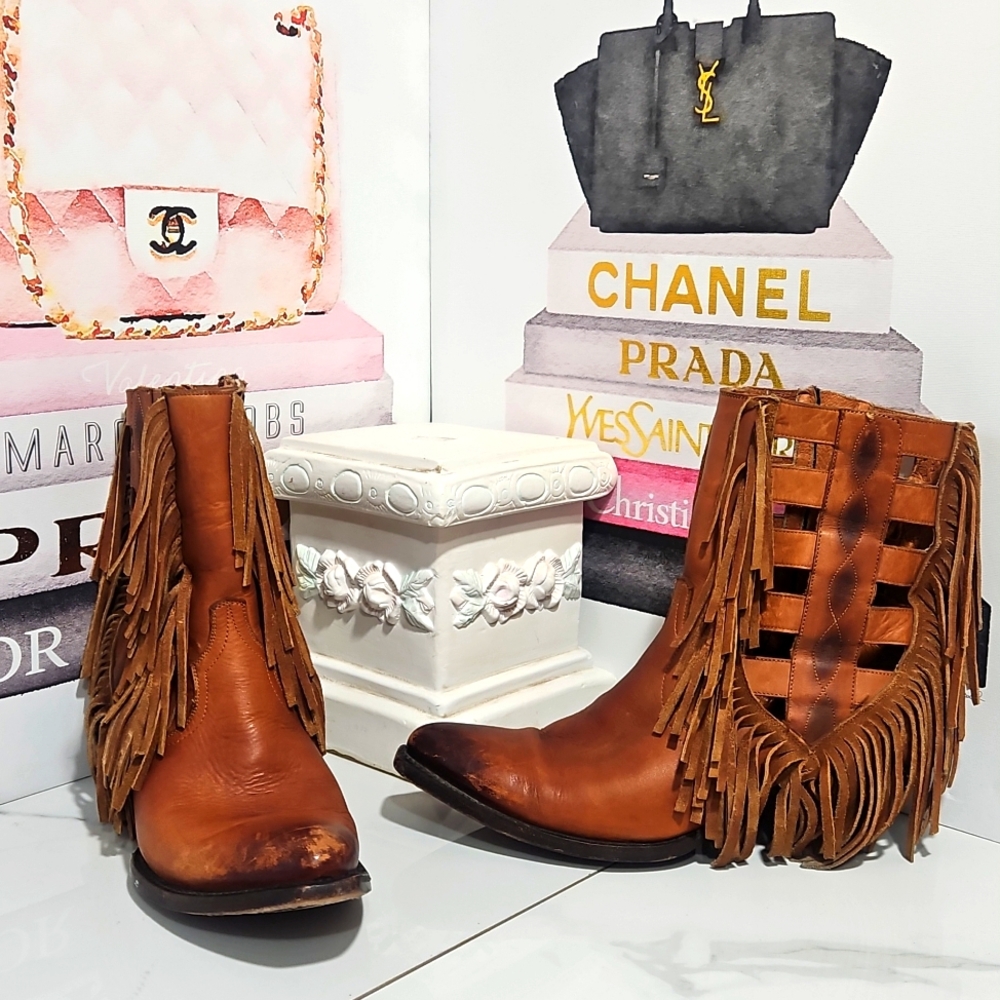 Fringe Western Ankle Boots - Brown